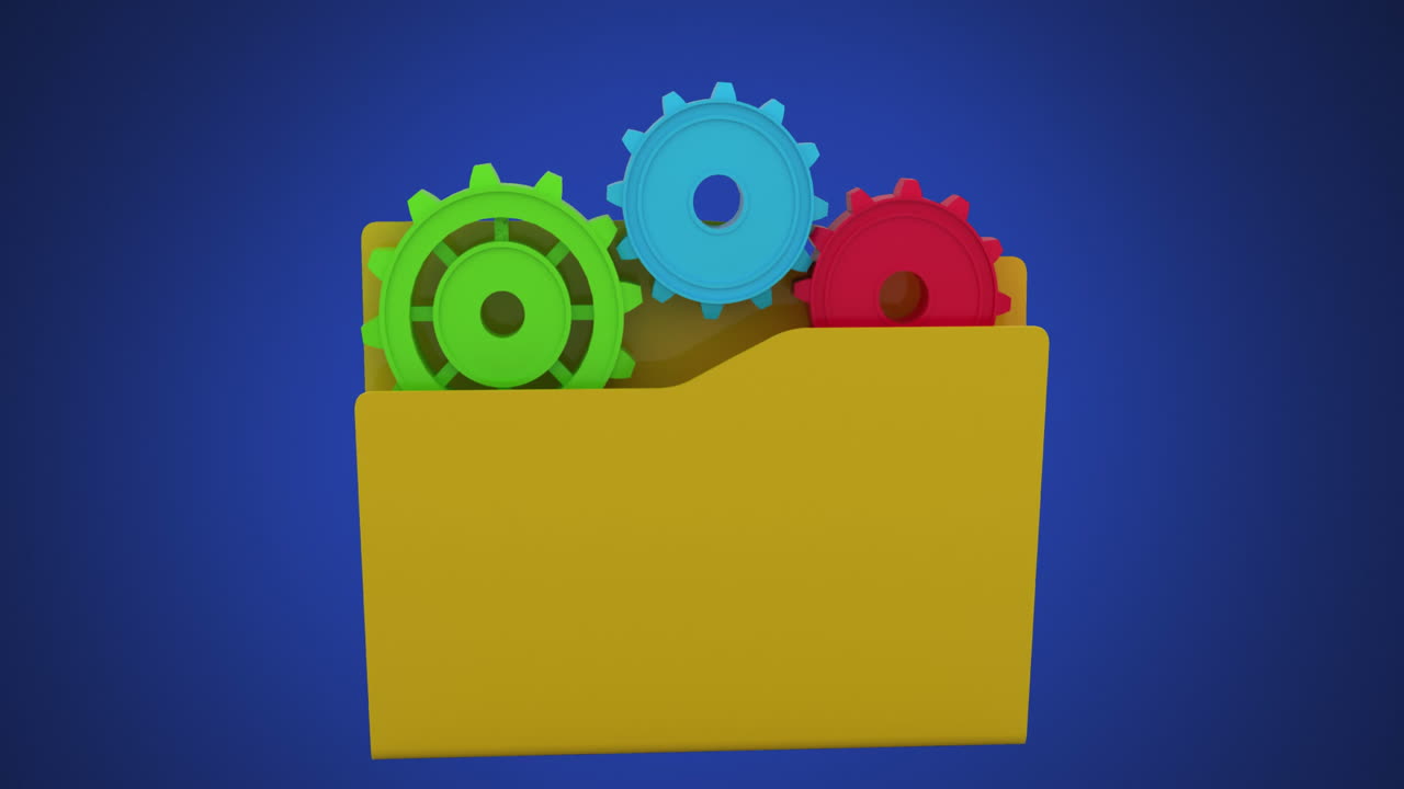 파란색 배경에 폴더와 설정 아이콘의 디지털 애니메이션