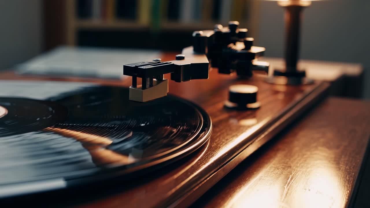 Primo piano, angolazione di un giradischi vintage che riproduce un disco in vinile, catturando l'atmosfera nostalgica