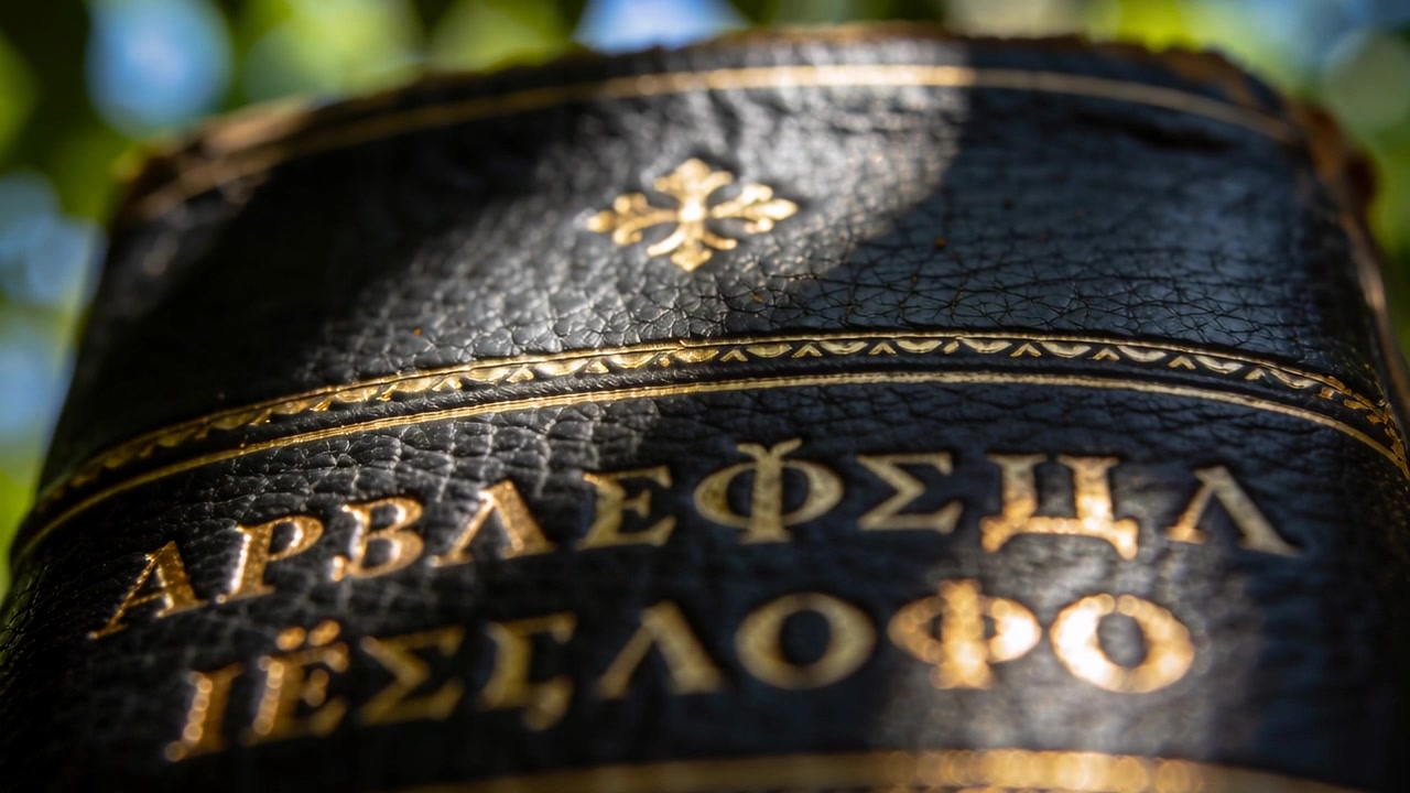 Telecamera che si allontana rivelando un dorso in pelle, che mostra un ornamento dorato, con lettere che brillano sotto il fogliame