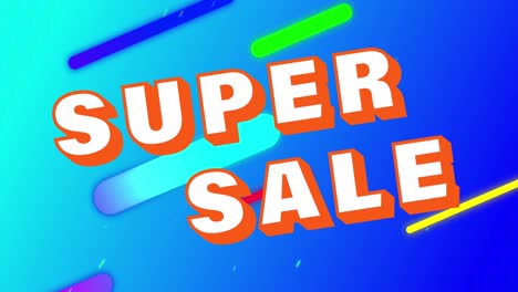 animación del banner de texto de super venta sobre formas abstractas contra un fondo de degradado azul