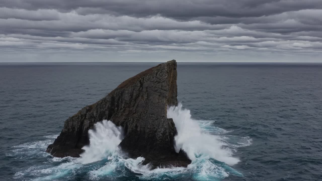 Dramatic seascape video with a low-angle view of a jagged rock formation in the ocean