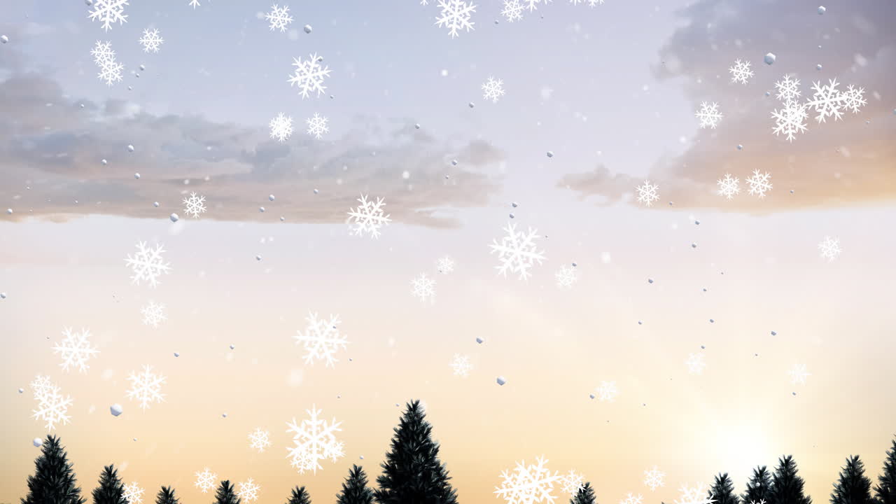 겨울 풍경 위에 내리는 눈의 애니메이션