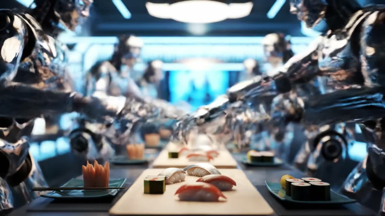 In a high-tech restaurant, robots skillfully prepare various sushi dishes, showcasing their culinary expertise in an innovative environment filled with bright lights.