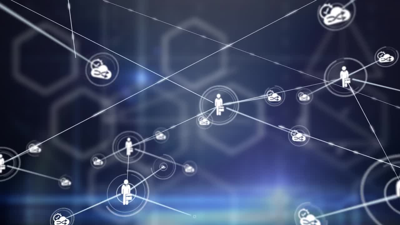 animación de la red de conexiones con iconos sobre formas sobre fondo negro