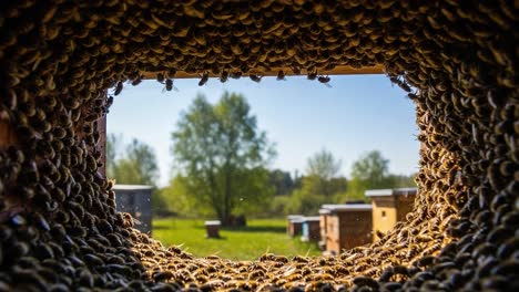 a close-up view through a beehive opening surrounded by busy bees, with a scenic backdrop of green trees and clear blue skies in springtime