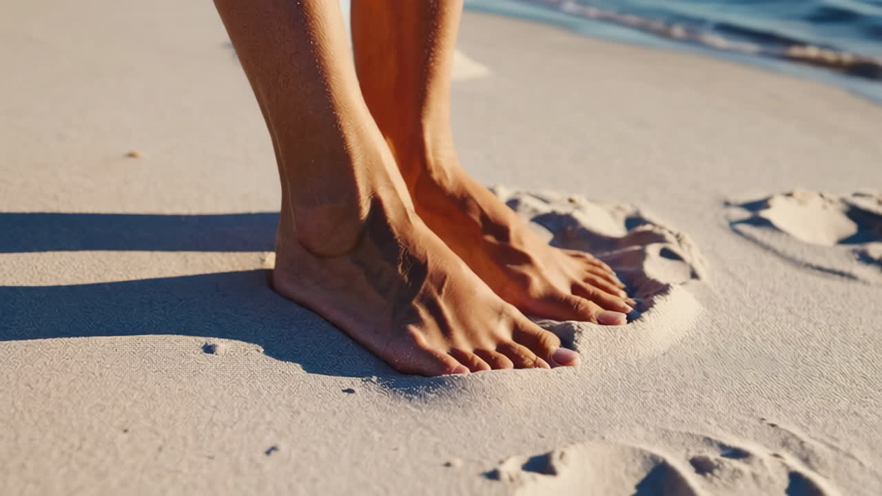 Bare Feet and Footprints on a Sandy Beach by the Ocean