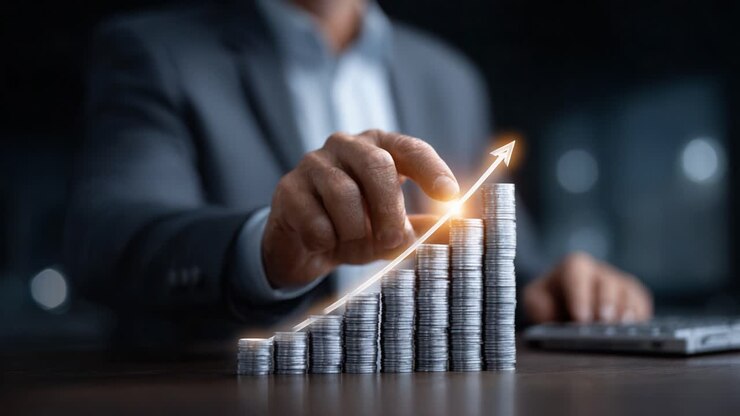 Visual Representation of Financial Growth: A Sequential View of Increasing Coins with a Rising Graph, Depicting Prosperity and Investment Success in a Business Environment