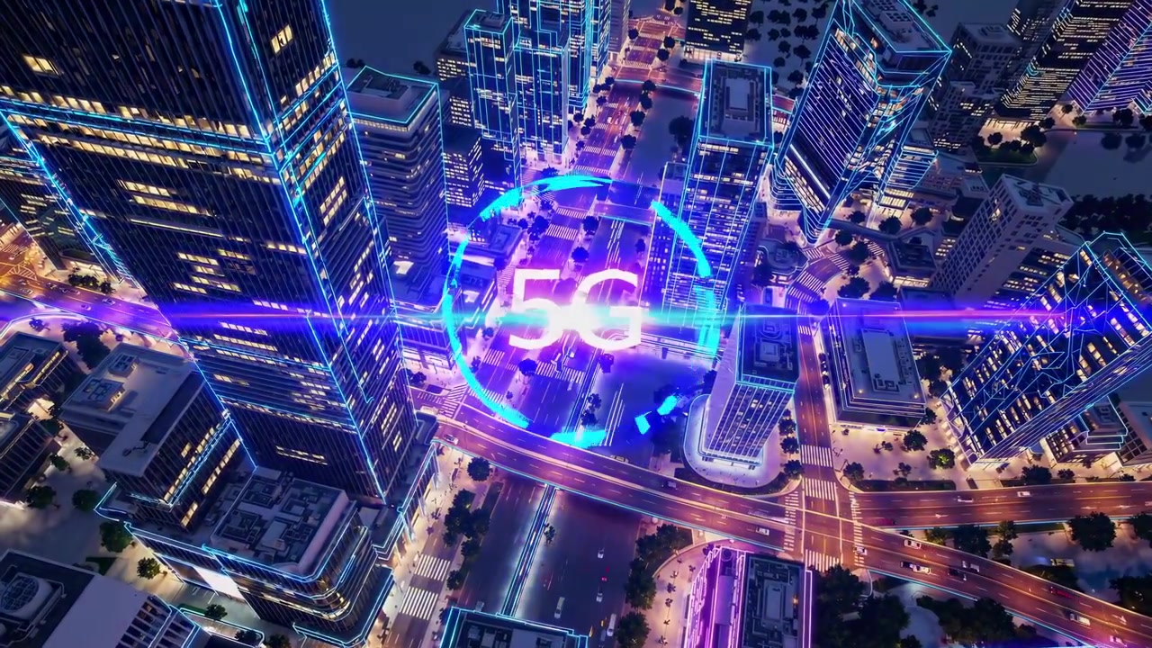 Vista aerea di una città intelligente futuristica con connettività di rete 5G