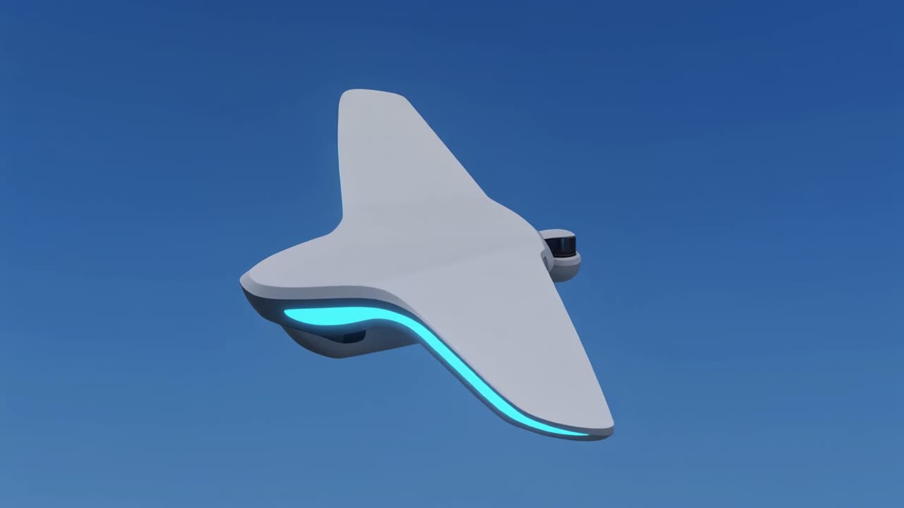 Elegant futuristisk drönare med blå ljus som roterar på himlen