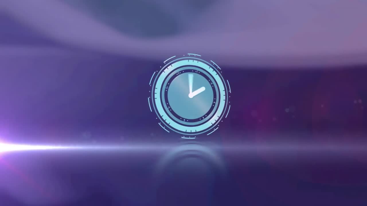 Animation of rotating safe lock with clock over light trail on blurred background
