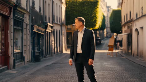 man in a suit on a historic cobblestone street