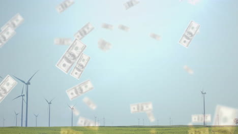 falling dollar bills animation over wind turbines in green field