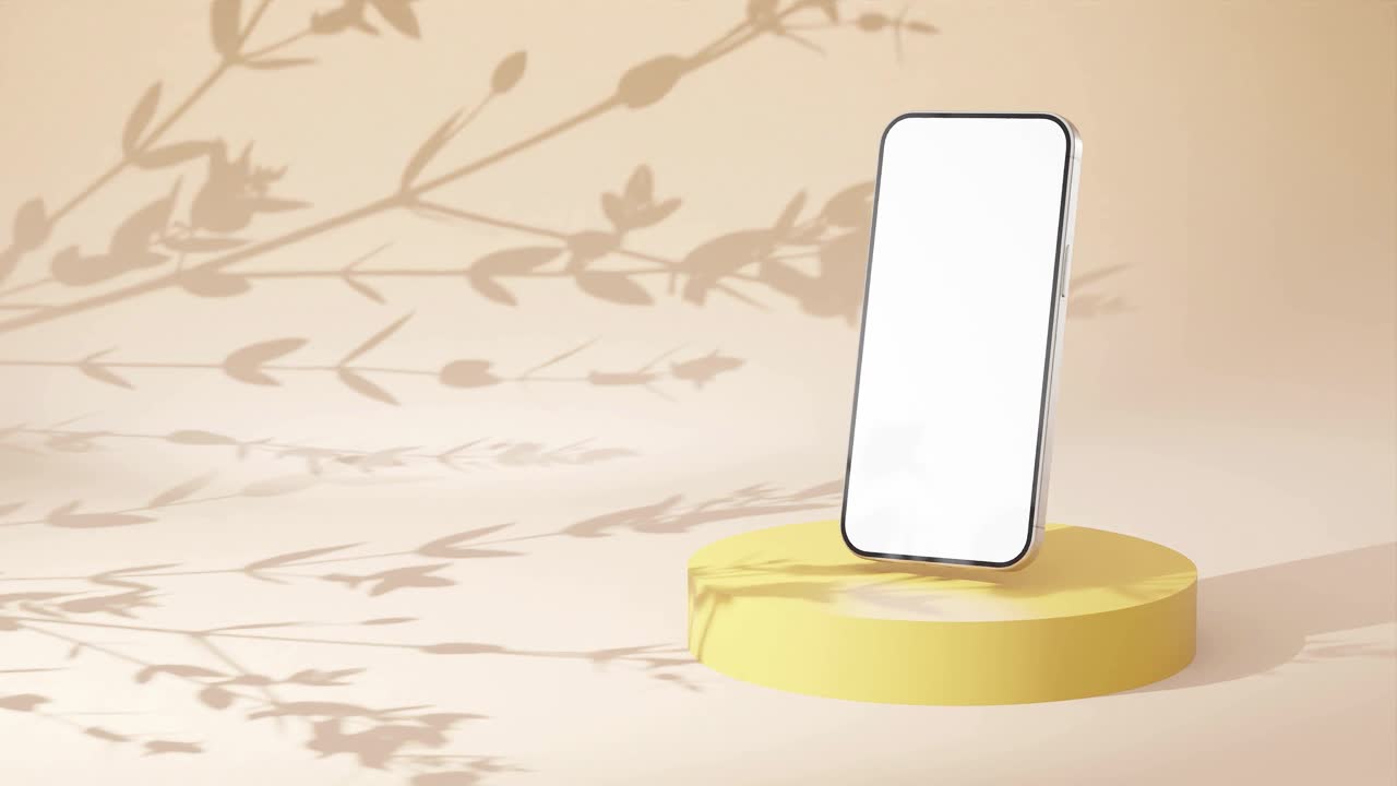 현대 스마트폰의 제품 디스플레이 애니메이션 새로운 모델은 색 빈 화면과 함께 벽에 나무 꽃 잎 그림자