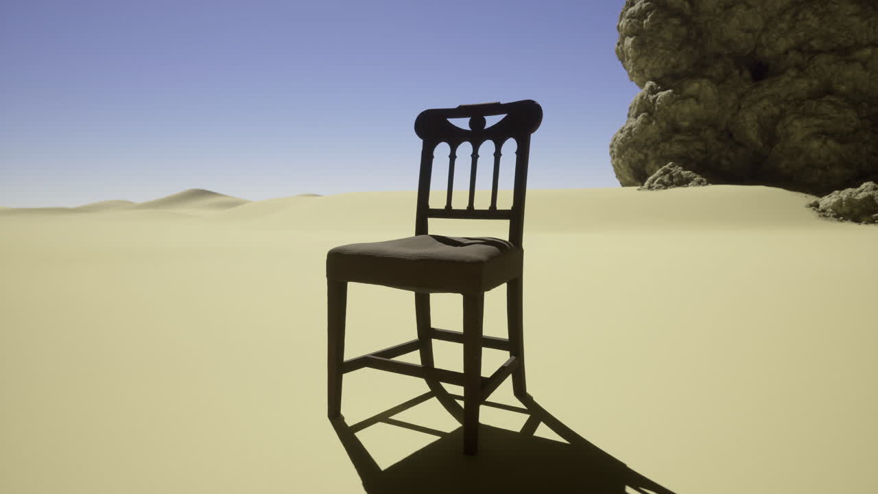 Chair amidst desert landscape under clear blue sky