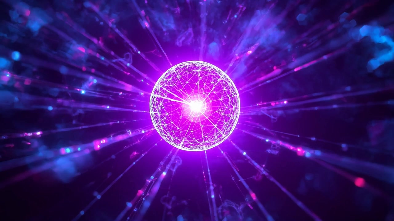Sfera di rete centrale luminosa e pulsante che carica il nucleo ed emette raggi radiali nello spazio oscuro.