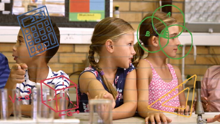 Mathematical equations and geometric shapes animation over children in classroom