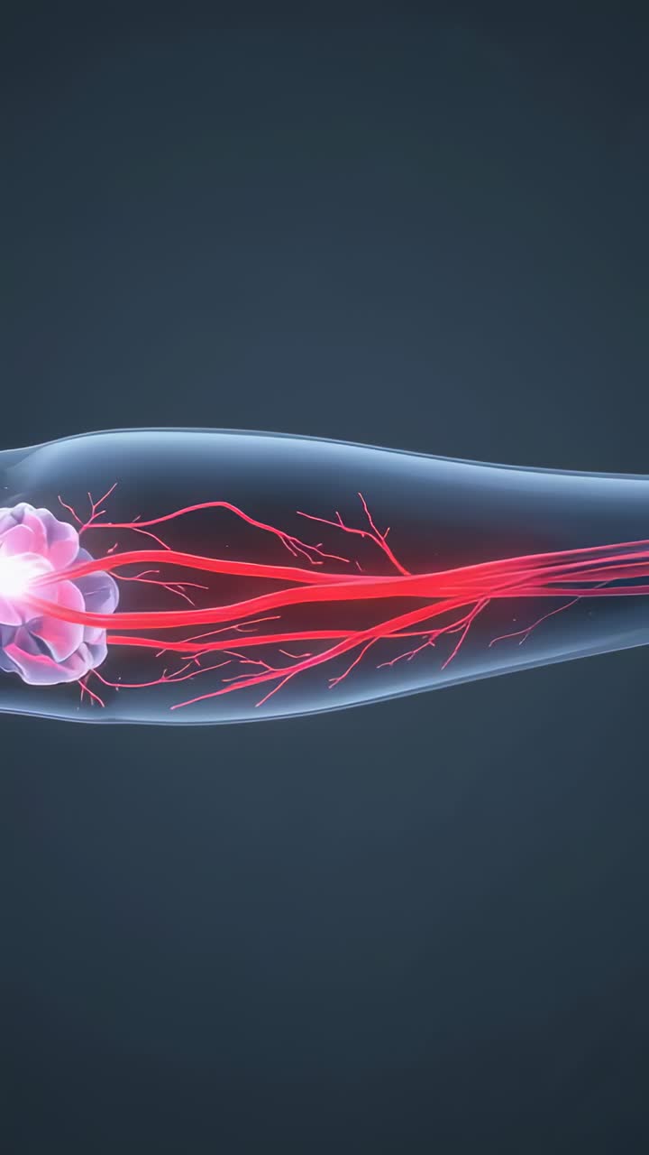 Video verticale: avambraccio traslucido pulsante che mostra un flusso luminoso dal plesso sinistro su sfondo scuro