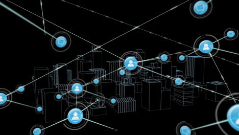 animation of network of connections with icons over 3d architectural drawing of city in background