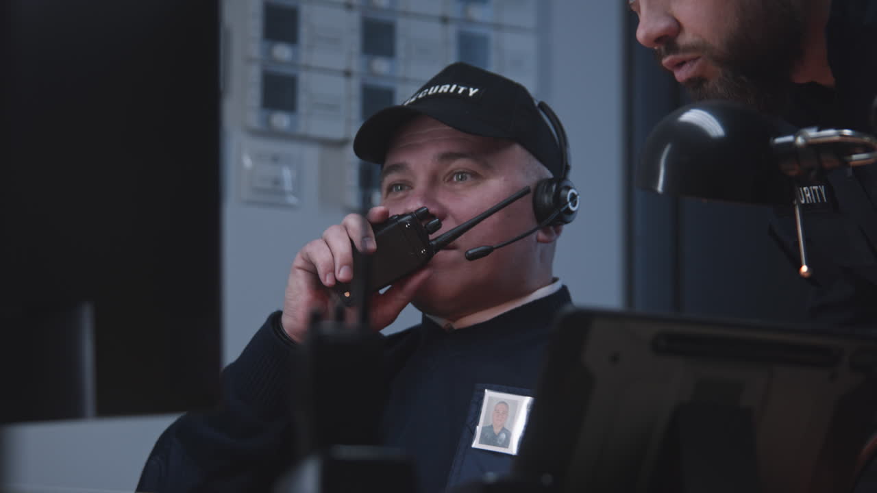 Security guards working in a control room, communicating with a walkie-talkie