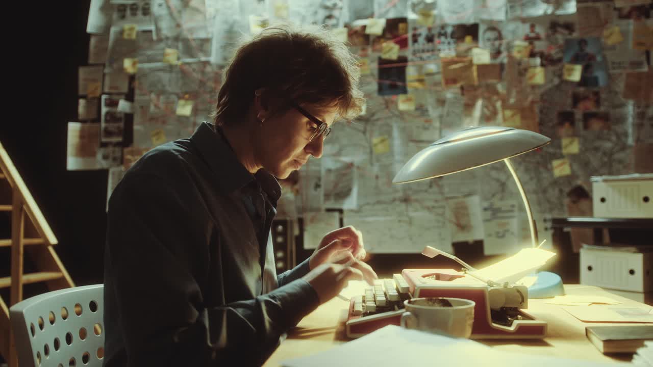 Female Police Officer Working on Typewriter and Taking Notes in Office at Night
