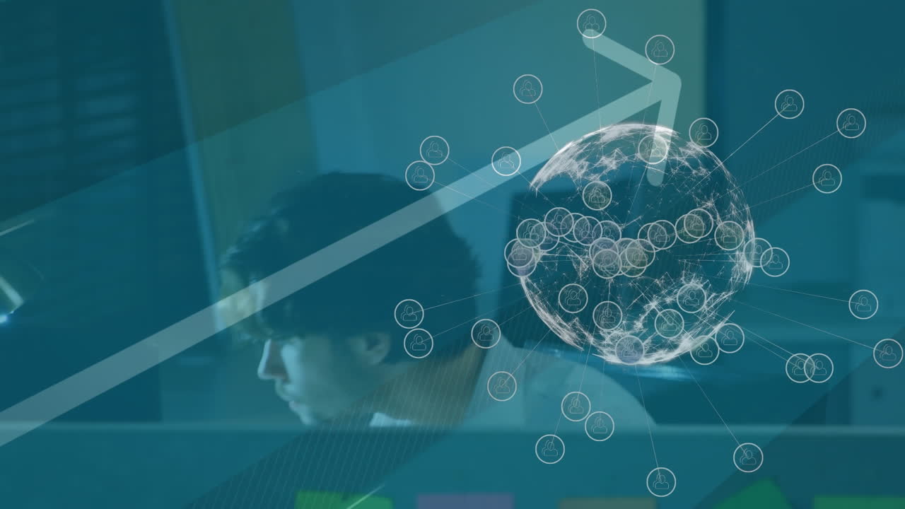 연결의 네트워크와 화살표와 함께 지구의 애니메이션 사무실에서 컴퓨터를 사용하는 사업가