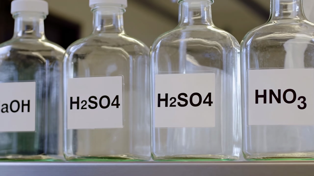 Closeup Glass Bottles Labeled Sulfuric Acid. Clear Glass Containers Lined On Metal Shelf Showing Labels HSO