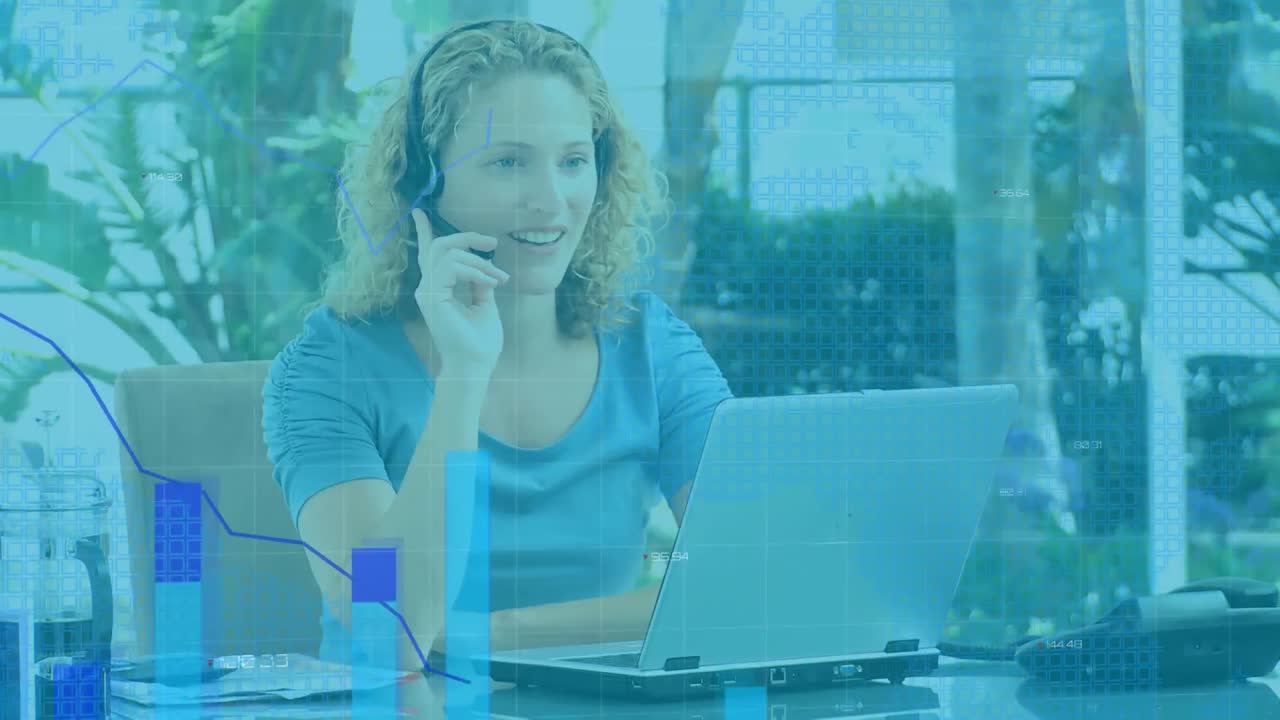 animación de un gráfico azul que aparece en la cuadrícula sobre una trabajadora del centro de llamadas