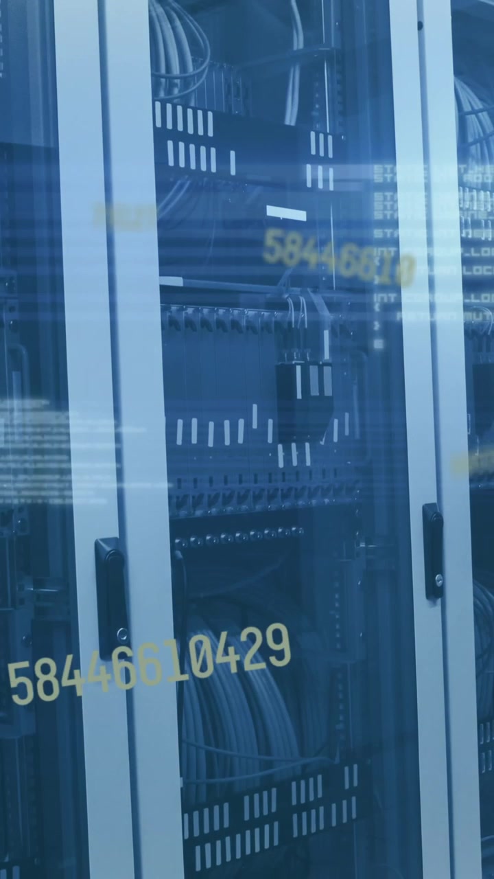 Animation of numbers changing and data processing over computer servers in tech room