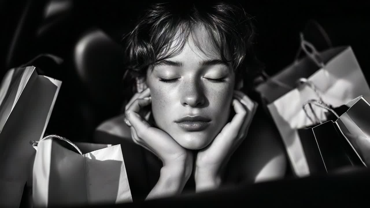 A Young Woman with Closed Eyes and Thoughtful Expression Surrounded by Shopping Bags, Reflecting on Her Day After a Shopping Spree in a Stylish Car Interior