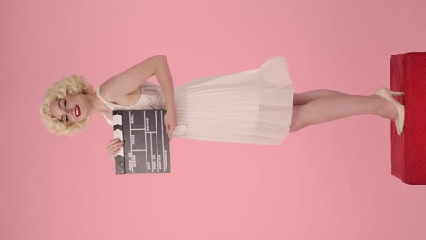 glamorous woman in 1950s style dress with clapperboard