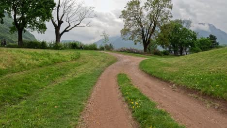 ov walk on a forked dirt track through green riverbank meadows, framed by mature trees and misty mendola foothills, leading from bolzano’s talvera promenade toward the historic castel roncolo