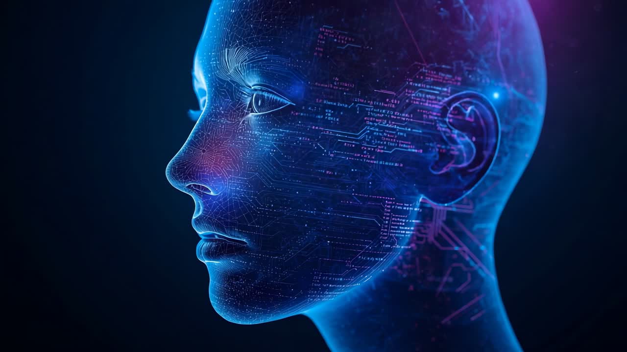 Streaming digital humanoid head scrolling neon code lines in void, highlighting blinking nodes