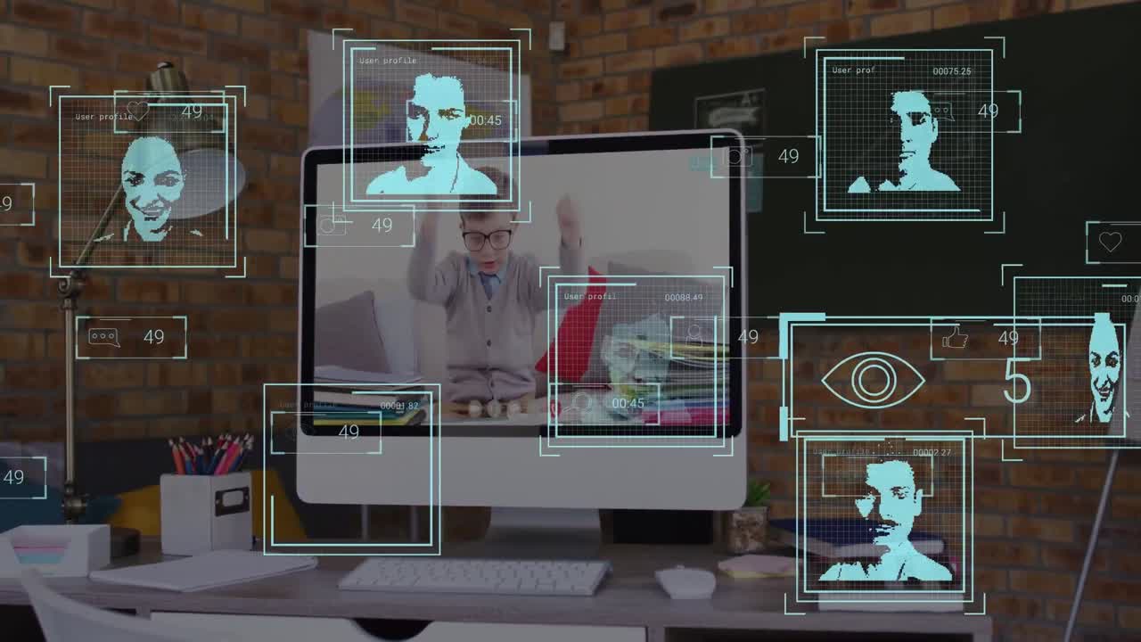 Animation of social media reactions and user icons over computer screen