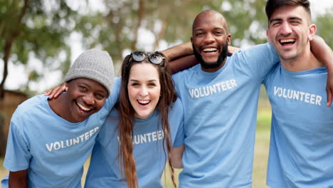 happy people, volunteer and hug in nature