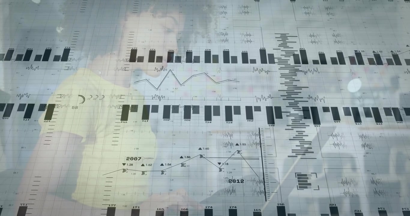 Woman using laptop charts copying and overlaying her and cafe via translucent graphs for finance