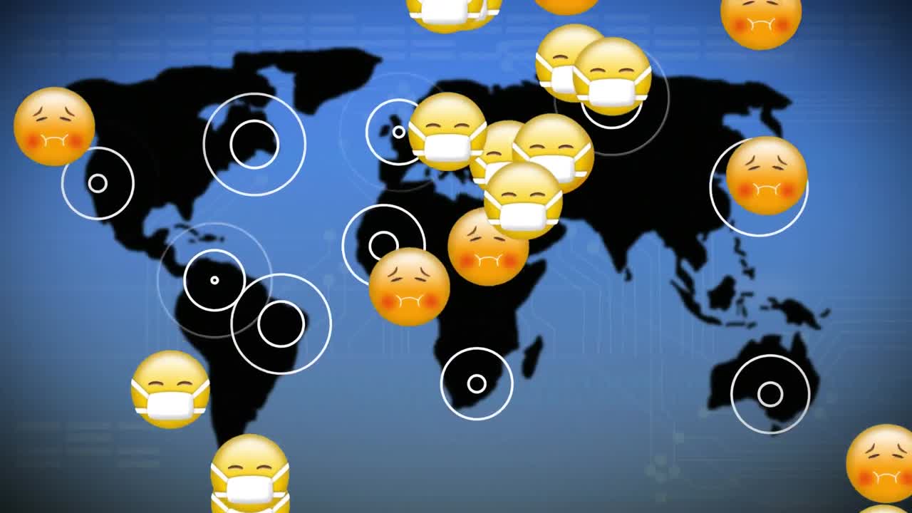 블루 배경의 세계 지도 위에 흐르는 이모지 그룹의 애니메이션.