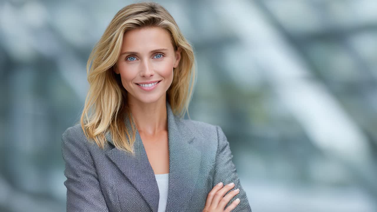 Una donna professionista sicura di sé in un elegante tailleur grigio che sorride radiosa, mostrando equilibrio e accessibilità su uno sfondo leggermente sfocato