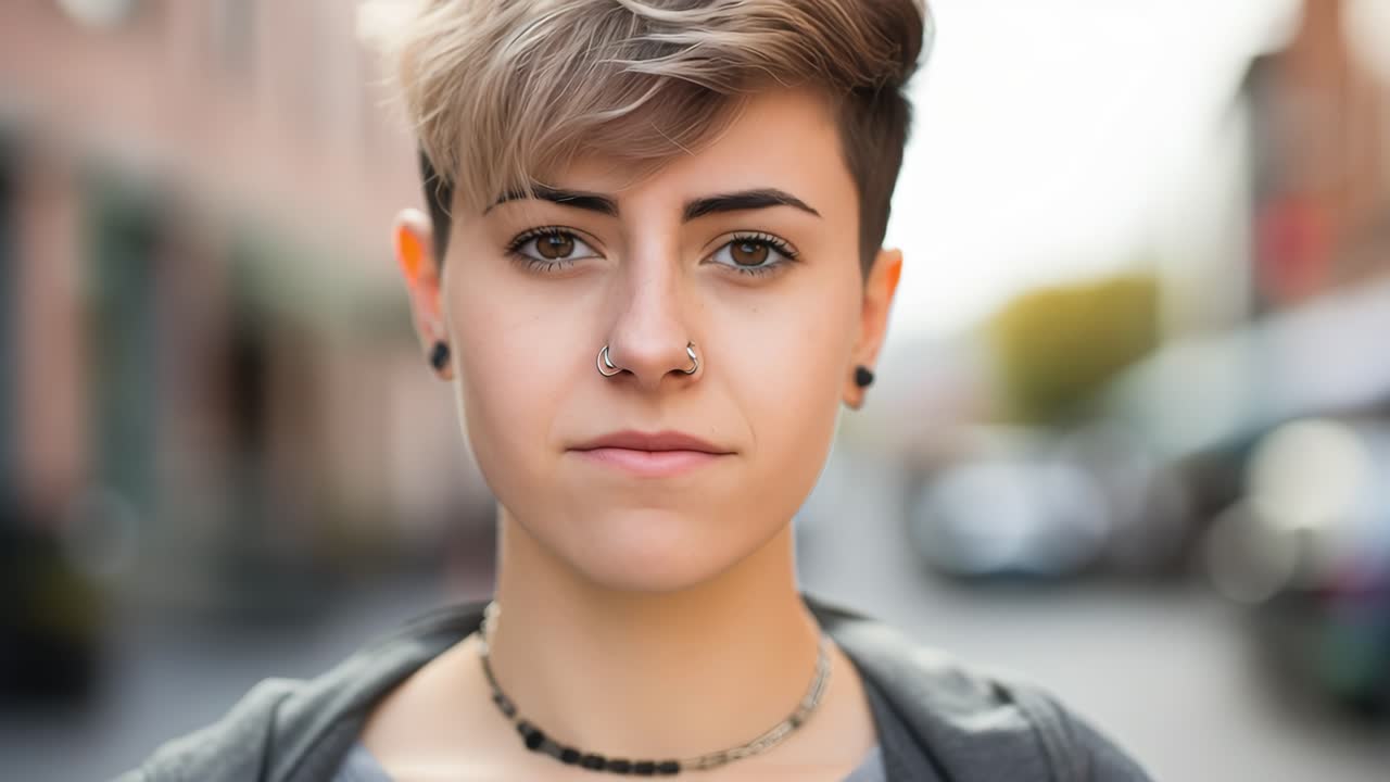 Portrait of a confident young female student with short, androgynous haircut and piercings, standing in a blurred urban setting, conveying a sense of individuality and modern style