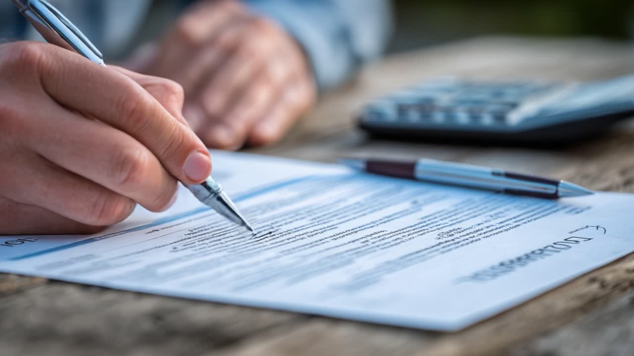 Primer plano detallado de una persona que firma documentos importantes en una mesa, con una calculadora y bolígrafos, lo que resalta las actividades profesionales y financieras.