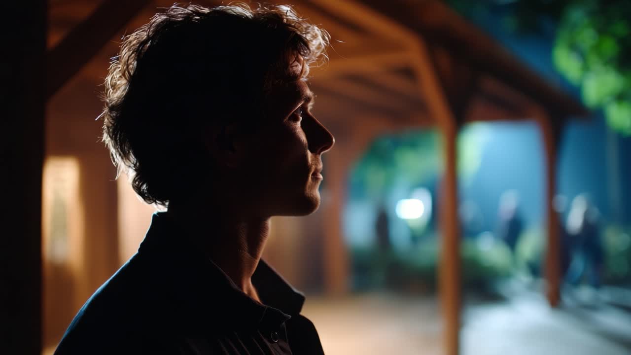 A contemplative young man stands in a softly lit outdoor setting, framed by natural elements and ambient light, highlighting his pensive expression under shadows