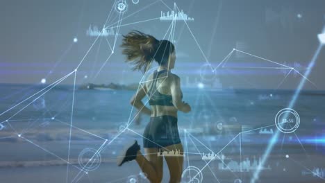 animación de la red de conexiones y procesamiento de datos sobre una mujer caucásica en forma corriendo en la playa