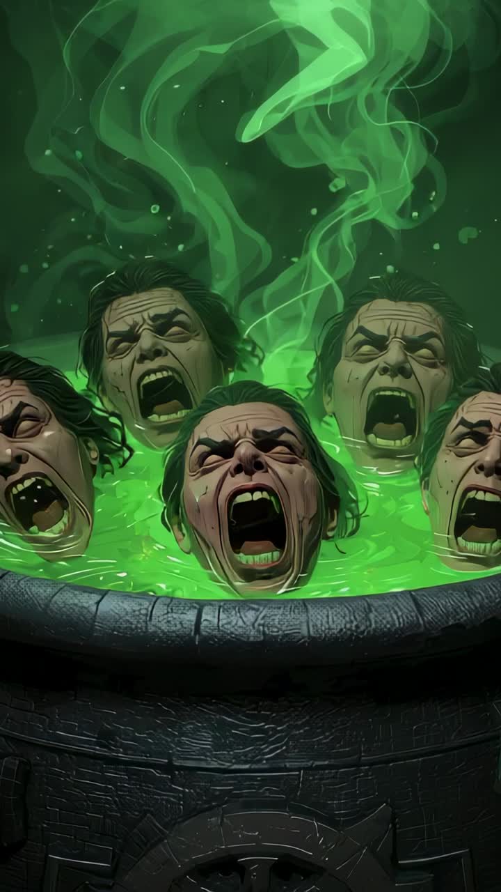 Vertical video: Bubbling cauldron holding severed heads in lair, emitting green liquid and smoke