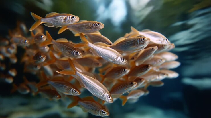 A mesmerizing school of shimmering fish swims gracefully through a clear aquatic environment, showcasing their vibrant colors and synchronized movements