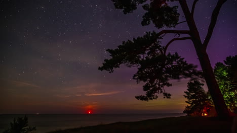 Sea-coastline-campsite-and-majestic-Milky-way-sky,-time-lapse-view