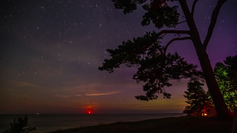 sea coastline campsite and majestic milky way sky, time lapse view