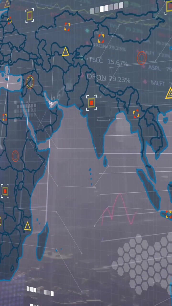 Animation of data processing and world map over cityscape