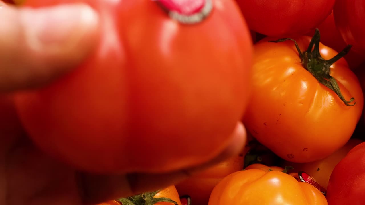 A hand carefully selects ripe red and yellow tomatoes from a vibrant display.