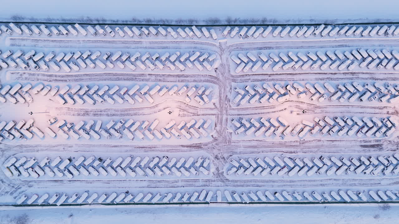 European vehicle scrapyard in winter covered in snow. Overhead aerial tracking