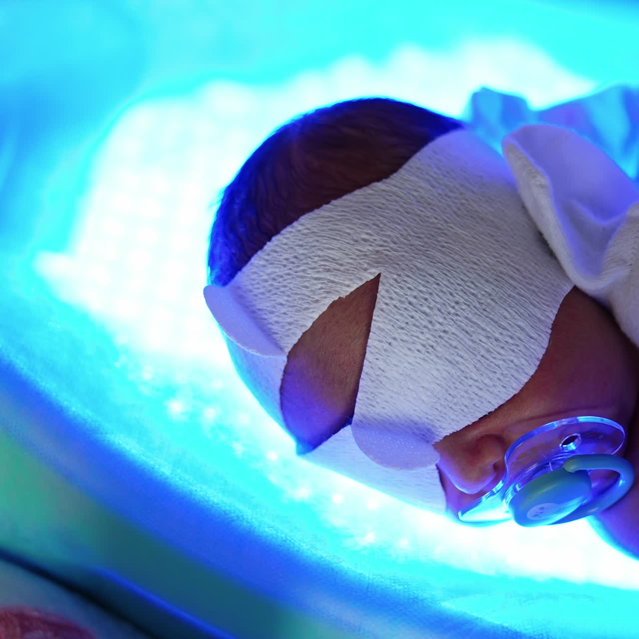 Newborn actively sucking pacifier lies in the crib on UV lamp. Little baby is treated from neonatal jaundice. Top view