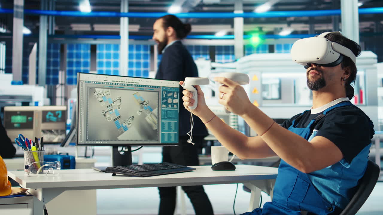 태양 전지 패널 공장 전문가는 새로운 기술을 개발하기 위해 vr 헤드을 사용합니다.